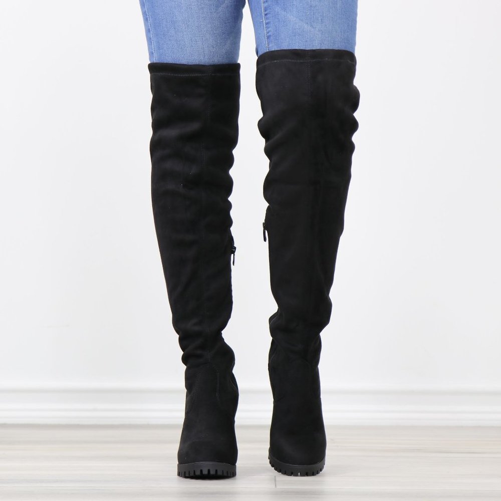 Black Faux Suede Round Toe Thigh High Over The Knee Block Lug High Heel Boots - Picture 10 of 13